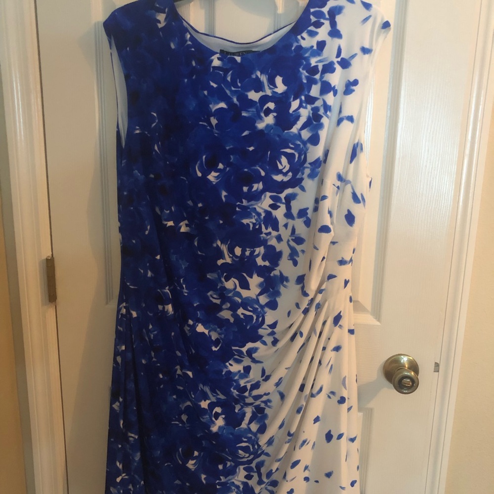 NWT Ralph Lauren blue/white floral gathered sheath